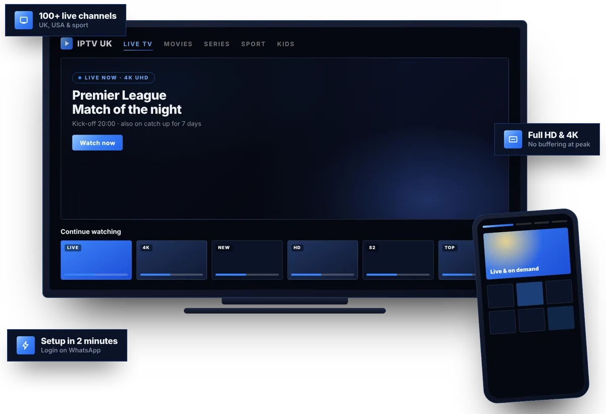 IPTV UK live TV, movies and series on a Smart TV and a phone